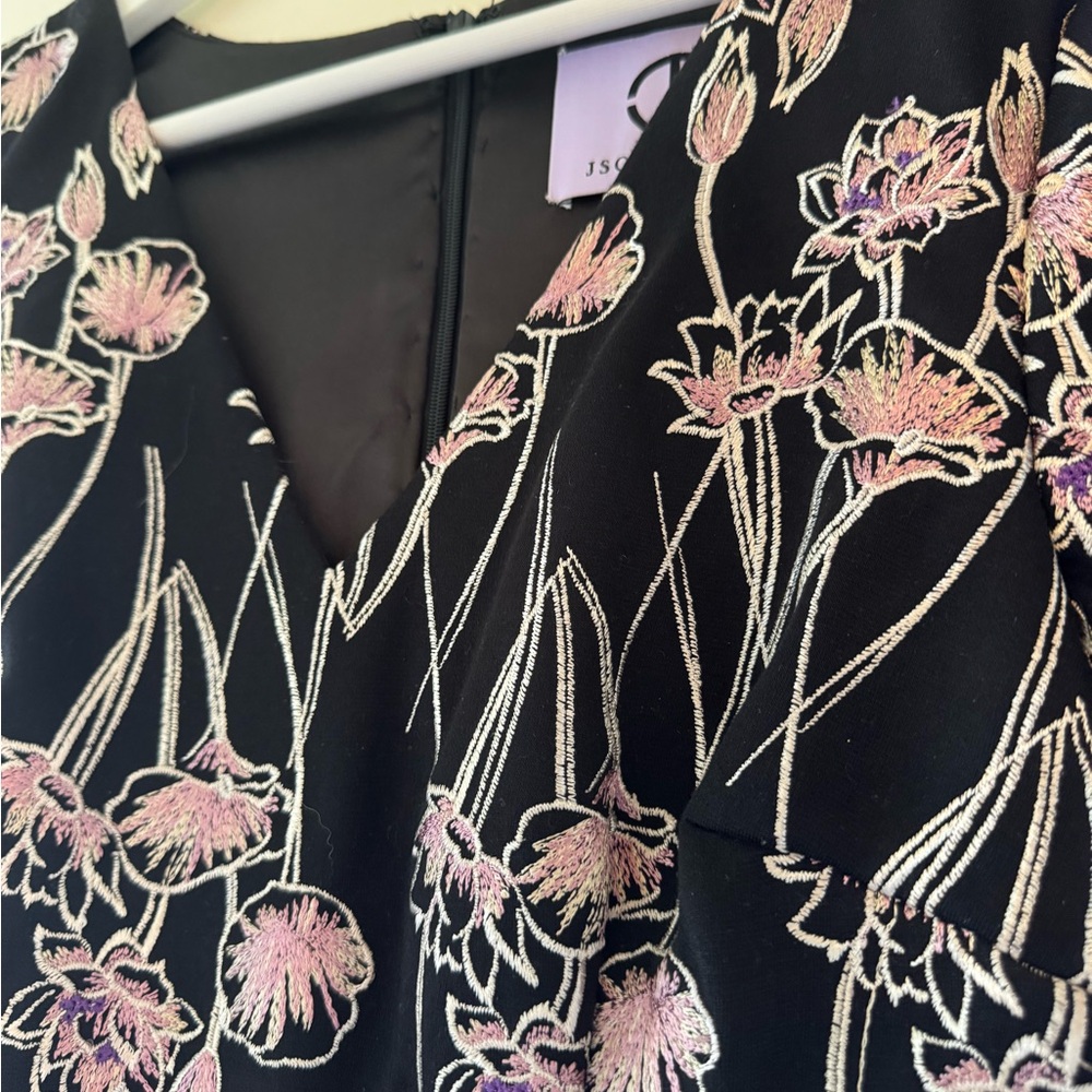 JS Collections Black Jumpsuit with Pink Floral Embroidery